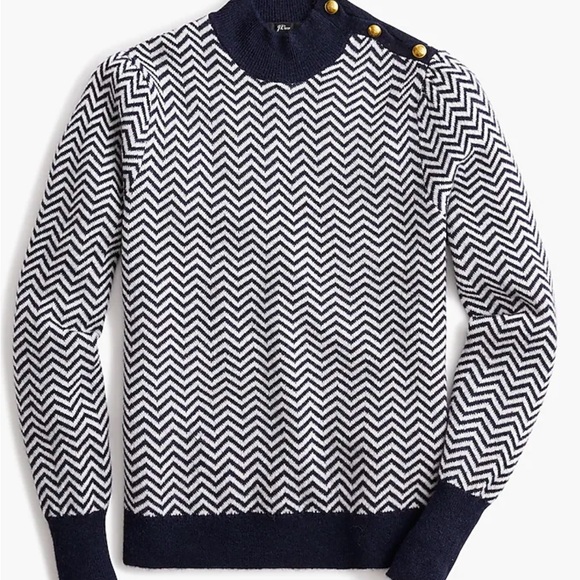 J. Crew | navy/white chevron mock neck sweater with gold button detail - Picture 3 of 12